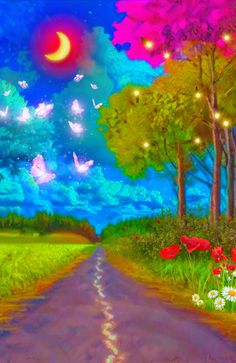 a painting of a road surrounded by trees and flowers with the moon in the sky