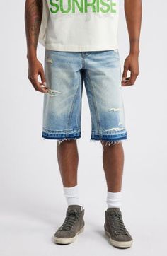 Well-faded nonstretch denim brings an old-favorite look and feel to shorts decorated with ocean-wave embroidery and relaxed with unrolled, threadbare hems. 14" inseam; 23" leg opening; 12 1/2" front rise; 16" back rise (size 32) Zip fly with button closure Five-pocket style 100% cotton Machine wash, line dry Imported Faded Rigid Denim Bottoms For Summer, Spring Recycled Denim Bottoms With Frayed Hem, Casual Medium Wash Shorts With Frayed Hem, Denim Blue Washed Relaxed Fit Shorts, Denim Blue Relaxed Fit Washed Shorts, Summer Washed Blue Rigid Denim Bottoms, Light Wash Recycled Denim Bottoms With Frayed Hem, Washed Blue Rigid Denim Summer Bottoms, Washed Blue Rigid Denim Bottoms For Summer