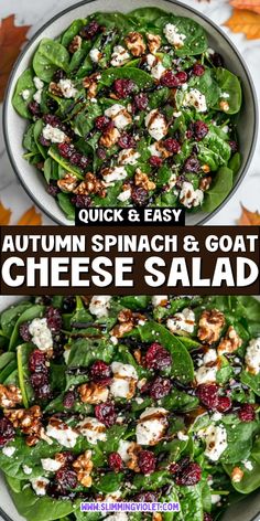 spinach salad with cranberries and walnuts in a white bowl on top