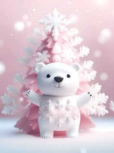 a polar bear standing in front of a christmas tree with snowflakes on it