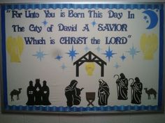 a bulletin board with the birth of jesus