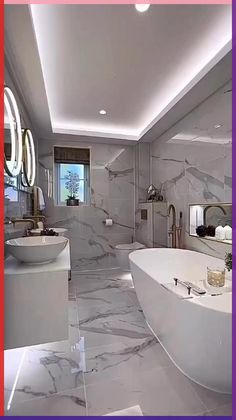 a large white bath tub sitting inside of a bathroom next to a sink and mirror