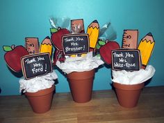 three potted plants with thank you teacher signs on them and some paper straws