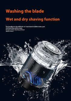 an advertisement with water splashing on it and the words washing the blade wet and dry shaving function