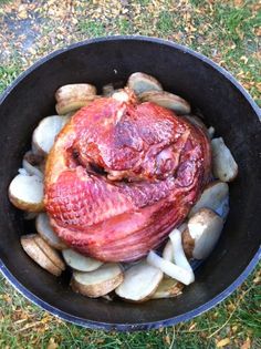 a large piece of meat is in a bowl on the ground next to some mushrooms