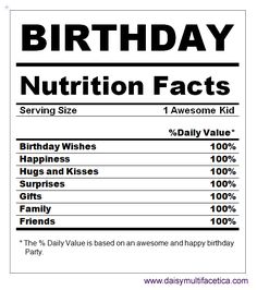 birthday nutrition label with the words, happy birthday nutrition fact