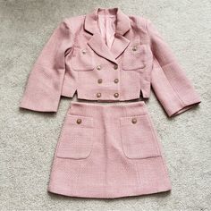 Brand New Tweed Set In Beautiful Barbie Pink ;) Oversized Crop Jacket W/ Shoulder Pads. Shoulder To Shoulder - 17inches Underarm - 19 Inches Length -18 Inches Skirt W/ 2 Front Pockets. Waist - 13 1/2 Inches Hip - 16 1/2 Inches Length - 15 1/2 Inches (All Measurements Are Taken Laying Flat And Approximate) Pink Tweed Blazer And Skirt Outfit, Hoco Suits Women, Pink Chanel Outfit, Pink Suit Skirt, Pink Tweed Set, Blazer And Skirt Outfits, Tweed Skirt Set, Pink Tweed Skirt, Tweed Jacket And Skirt