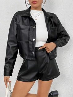 Casual Chic Outfits, Pu Jacket, Everyday Fashion Outfits, Women's Evening Dresses, Pocket Jacket, Casual Chic Outfit, Chic Outfit, Coat Outfits, Black Casual