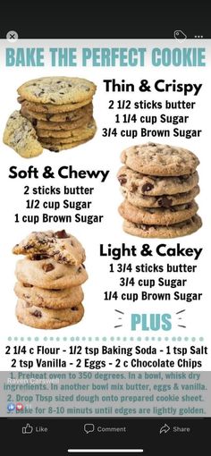 the facebook page for bake the perfect cookie, which features cookies and chocolate chip cookies