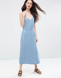 Image 1 of ASOS Denim Waisted Midi Dress with Frill Straps in Light Wash Blue Midi Frock, Frock For Women, Mid Calf Dresses, Strappy Dress, Dresses Blue, Strappy Dresses, Blue Midi Dress, Dress Styles, Womens Midi Dresses