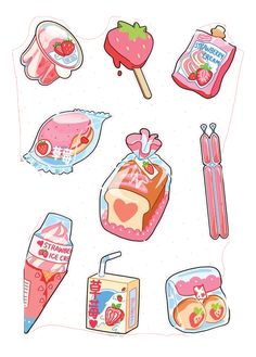 various items are shown in the shape of a sticker, including strawberries and ice cream