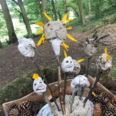 an arrangement of pine cones and fake flowers in a box