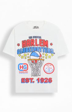 Celebrate basketball's most iconic team with The Original Harlem Globetrotters T-Shirt. Combining vintage charm with modern comfort, it's a must-have for fans of dazzling skills and timeless sportsmanship.Crew necklineShort sleevesStandard fitFront & back graphicsMachine washable PacSun Mens The Original Harlem Globetrotters T-Shirt - Ivory size Small Coach Outfits, School Shirt Designs, Slim Fit Cargo Pants, Sports Tshirt Designs, Harlem Globetrotters, Pacsun Mens, Retro Graphic Tees, Slogan Tshirt, Basketball Shirts