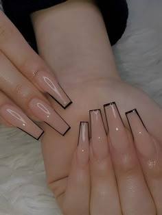 Gray French Tip Nails Coffin, Play Bunny Nails Acrylic, Square Nail Designs White Tip, Easy Acrylic Ideas Nails, Minimalist Coffin Nail Design, Box Tip Nails, Simple Edgy Nails Square, Cuffing Nail Design, Nude Fall Nails Acrylic