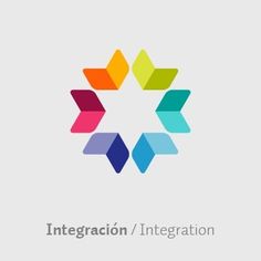 an abstract logo with colorful arrows and the words, integion / interaction on it