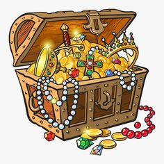 an open chest filled with lots of gold coins and jewels on a white background,