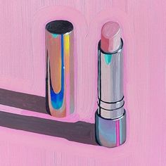 a painting of two lipsticks on a pink background, one is silver and the other is multicolored