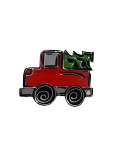 a red truck with christmas decorations on it's front and back end, sitting in the middle of a white background