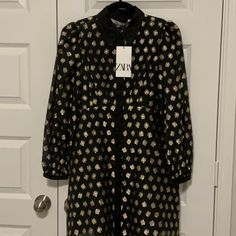 Nwt, Nice Church Dress Or Party Dress, Black With Gold Accent, 15” Waist, Left To Right, 31” Length, Sheer Sleeves, Lining In Dress, Button Down Front, Very Cute .. Smoke Free And Pet Free Home That Black Midi Holiday Dress, Black Midi Dress For Holidays, Black Midi Length Holiday Dress, Black Midi Dress For Date Night And Holiday, Long Sleeve Dress For Dress Down Party Season, Black Floral Print Party Dress, Floral Print Fall Party Dress, Floral Print Party Dress For Fall, Elegant Black Holiday Dress