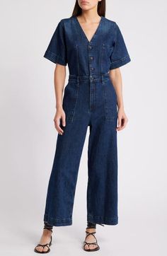 Make it one-and-done in a casual jumpsuit cut from dark-rinsed nonstretch denim. 52" length; 25" inseam; 23" leg opening (size Medium) Front button closure V-neck Short sleeves Front patch pockets 100% cotton Machine wash, tumble dry Imported Denim Utility Jumpsuit, Coverall Jumpsuit, Utility Jumpsuit, Casual Jumpsuit, Blue Moon, Jumpsuits For Women, Make It, Jumpsuit Romper, Jumpsuit