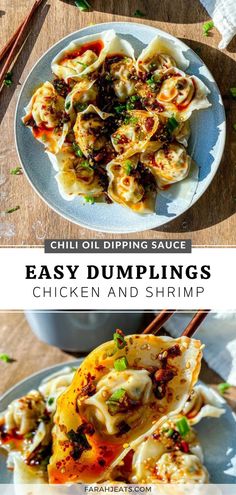 Top photo is of chicken and shrimp dumplings topped with chili oil sauce and green onions, served on a blue plate. Next to the plate is a pair of wooden chopsticks. Bottom photo is of a piece of dumpling held up to the camera with a pair of wooden chopsticks. Shrimp Potstickers Recipe, Korean Food Side Dishes, Shrimp Dumplings, Homemade Chinese Food, Homemade Dumplings