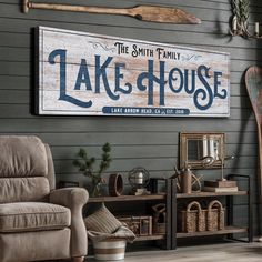 Personalized Lake House Sign III  - Image by Tailored Canvases Lake Theme Living Room, Lake House Modern Decor, Lake Cabins And Cottages Interiors, Lake House Interior Decor, Lake House Wall Decor Ideas, Lake Condo Decor, Lake House Bar Ideas, Vintage Lake House Aesthetic, Small Lake Cabin Interiors