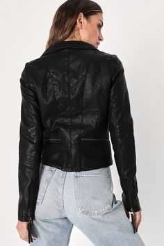 Weekday or not, spice up the night with the Lulus Up on a Tuesday Black Vegan Leather Jacket! This sleek moto jacket has a collared neckline, long sleeves with zipper cuffs, and eye-catching top-stitching throughout. Gunmetal zippers provide a centered front zipper, decorative zipper pockets, and horizontal zips above the hem. Fit: This garment fits true to size. Length: Above mid-thigh. Size medium measures 22" from shoulder to hem. Bust: Great for any cup size. Waist: Loosely Fitted. Undergarm Chic Fall Biker Jacket With Lapel Collar, Chic Biker Jacket With Lapel Collar For Fall, Fitted Leather Jacket With Zipper Closure, Fitted Leather Jacket With Zipper, Trendy Fitted Leather Jacket With Lapel Collar, Trendy Fitted Biker Jacket With Long Sleeves, Trendy Fitted Long Sleeve Biker Jacket, Fitted Trendy Long Sleeve Biker Jacket, Fitted Leather Jacket For Night Out, Casual Style