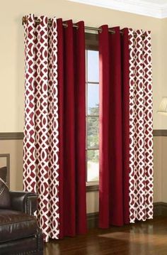 red and white curtains in a living room