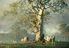 a painting of cows grazing under a tree in a field with other animals behind it