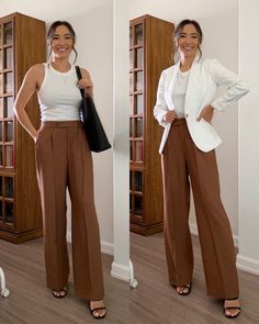 Tailored Pants Women Outfits, Trouser Wide Leg Outfits, Wide Leg Business Outfit, Wide Leg Pant Styling, Camel Wide Leg Trousers Outfit, Shoes For Trousers, Brown Tailored Pants Outfit, Wide Leg Pants Fall Outfit, Wide Leg Tailored Pants Outfit