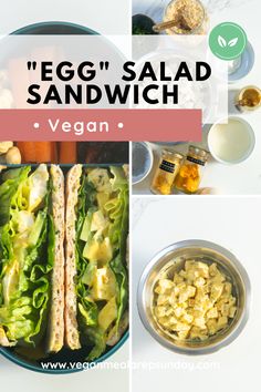 an egg salad sandwich is shown in four different pictures with the words vegan on it