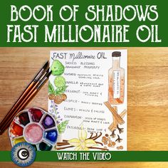 the book of shadows fast milliomaire oil is next to some paintbrushes