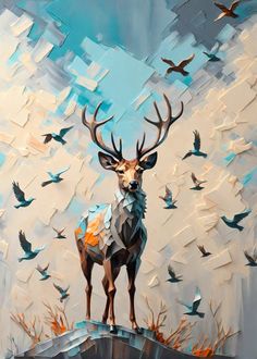 a painting of a deer standing on top of a hill with birds flying around it