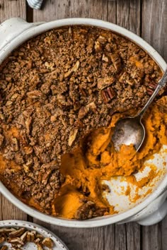 a serving dish filled with sweet potato casserole