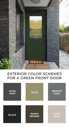 an exterior color scheme for a green front door with dark gray and light brown accents