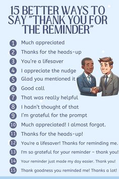 a blue poster with the words, 15 better ways to say thank you for the reminder