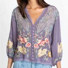 I’m A Sucker For Lilac! Beautiful Vintage Style! This Blouse Is So Pretty!! Details In The Pics Lilac Embroidery, Georgette Tunics, Lilac Blouse, Blue Embroidered Top, Black Ruffle Top, Bohemian Blouses, Tie Neck Tops, Embroidery Blouse, Boho Blouses