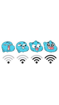 five blue cartoon characters with different facial expressions and wifis on their foreheads