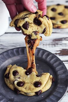 chocolate chip cookies being dipped with a cookie stick