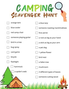 a camping scavenger hunt is shown in this printable