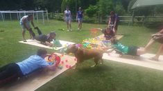 a group of people playing with toys in the grass