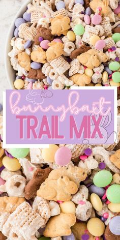 a bowl full of trail mix next to a sign that says bunny ears trail mix