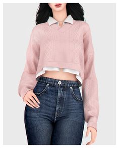 an image of a woman wearing jeans and a pink sweater with white collared neckline