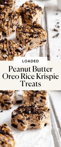 peanut butter oreo rice krispy treats are stacked on top of each other