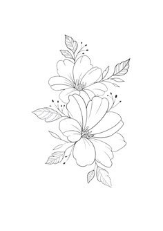 a drawing of flowers with leaves on the bottom and one flower at the top, in black and white