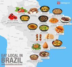 a map with different foods on it and the words eat local in brazil written below