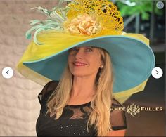 Aimee Fuller Kentucky Derby Hat Looks elegant and beautiful from all angles. Pretty tropical flower with loads of fluttering feathers. Modeled at this year's Del Mar Racing Opening Day fashion show events. Teamed with delicious layers of tulle, netting, and crinoline. This really has it all and will have all eyes on you on your special day. Customization is available; please inquire to see if we can meet your needs.   Perfect for Kentucky Derby, Del Mar Races, Melbourne Cup, Royal Ascot, Breeders' Cup, Hat Contests, Church, Gala, Derby, Cocktail, High Tea, Weddings, Preakness, and more.   *FREE SHIPPING  Though often copied by hobbyists and even high-end department stores, discriminating fashionistas from all walks of life count on Aimee's pieces to lead the trends and make one-of-a-kind s Yellow Flower-shaped Hats For Spring, Yellow Flower Hat For Spring, Yellow Hat For Spring Races, Fitted Blue Sun Hat For Spring, Blue Mini Cap For Summer, Fitted Turquoise Summer Hat, Turquoise Fitted Summer Hat, Light Blue Summer Hat For Races, Light Blue Summer Hats For Races