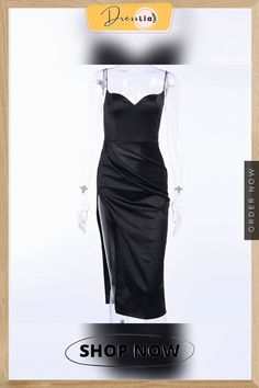 Black Silk Dress Women Sexy V-neck Sleeveless Hight Split Hem Knee-length Strap Dress Slim Summer Party Dresses Women Chic Sleeveless V-neck Party Dress, Elegant Sleeveless Dress For Club And Party Season, Sleeveless Midi Dress For Club And Party Season, Sleeveless Satin Evening Suspender Dress, Evening Sleeveless Satin Suspender Dress, Evening Satin Sleeveless Suspender Dress, Sleeveless Satin Suspender Dress For Evening, Sleeveless Satin Suspender Dress For Night Out, Elegant V-neck Dress With Spaghetti Straps For Party