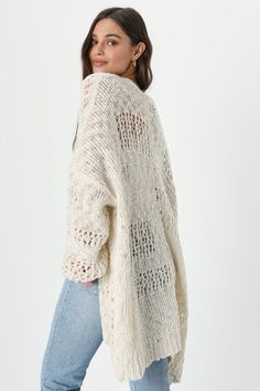 No matter what the day throws your way, the Lulus Crochet it Ain't So Ivory Oversized Cardigan Sweater is the cozy little layer that you'll always be able to rely on! This oversized cardi boasts an open-front silhouette and long sleeves with drop shoulders. Loosely crocheted yarn has a nubby boucle-inspired effect throughout! Fit: This garment fits true to size. Length: Mid-thigh. Size small measures 31" from shoulder to hem. Bust: Great for any cup size. Waist: Not Fitted - comfortable room throughout midsection. Hip: Not Fitted - room for hips. Fabric: Fabric is very stretchy. Unlined And Seer. 100% Acrylic. Hand Wash Cold. Do Not Bleach. Hang To Dry. Imported. Lulus | Crochet it Ain't So Ivory Oversized Cardigan Sweater | Size X-Small. Loose Crochet, Oversized Cardigan Sweater, Sheer Cardigan, Crochet Cardigan Sweater, Oversized Sweater Cardigan, Cardigan Oversized, Lulu Fashion, Comfortable Room, Oversized Cardigan