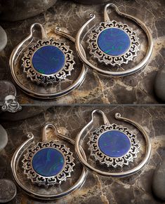 Sterling silver Eye of the Lotus with malachite-azurite inlays Blue Cabochon Fusion Jewelry, Celestial Blue Cabochon Jewelry, Blue Celestial Cabochon Jewelry, Celestial Style Blue Cabochon Jewelry, Artisan Blue Chrysocolla Jewelry, Silver Eye, Body Piercings, The Lotus, Lotus